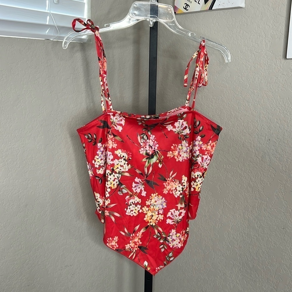 504 - Zara NWT Red Floral Spaghetti Strap Crop Top, Size Small